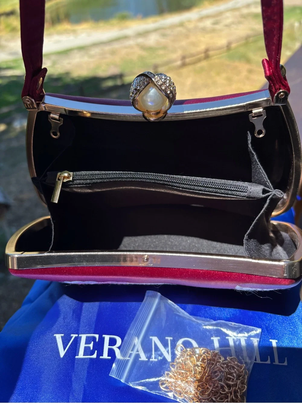 Verano Hill Red Satin Floral Top-Handle Evening Bag & Crossbody chain